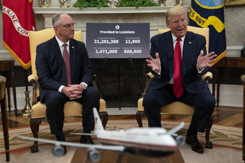 President Donald Trump speaks during a meeting about the coronavirus with Gov. John Bel Edwards, D-La., in the Oval Office of the White House, Wednesday, April 29, 2020, in Washington. (AP Photo/Evan Vucci)