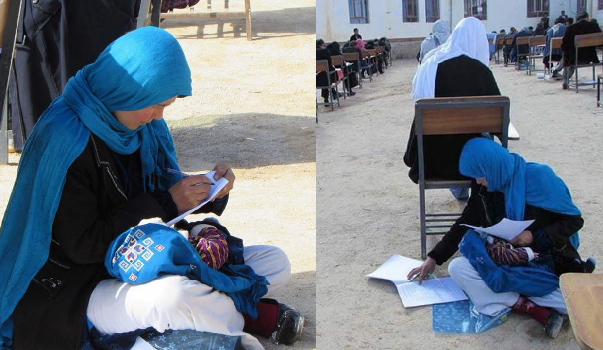 A 25-year-old mother of three cares for her 2-month-old baby during a college entrance exam. (Photo: Yahya Erfan)