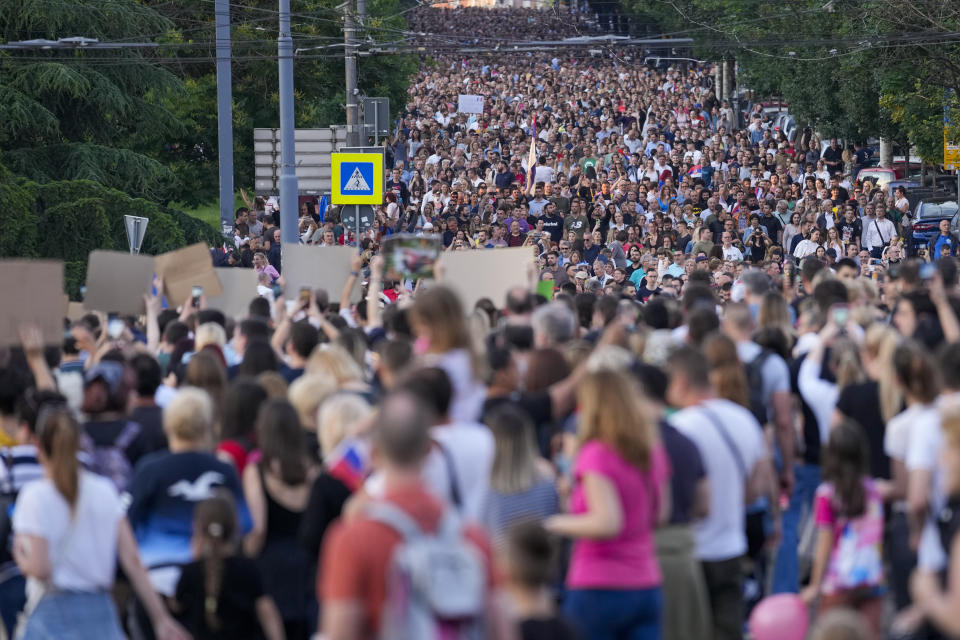 People march during a protest against violence in Belgrade, Serbia, Saturday, June 3, 2023. Tens of thousands of people rallied in Serbia's capital on Saturday for a fifth time in a month in protest at the government's handling of a crisis after two mass shootings in the Balkan country. (AP Photo/Darko Vojinovic)