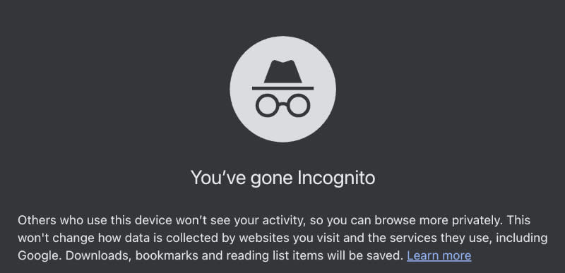 A screenshot showing the new Incognito mode disclaimer.