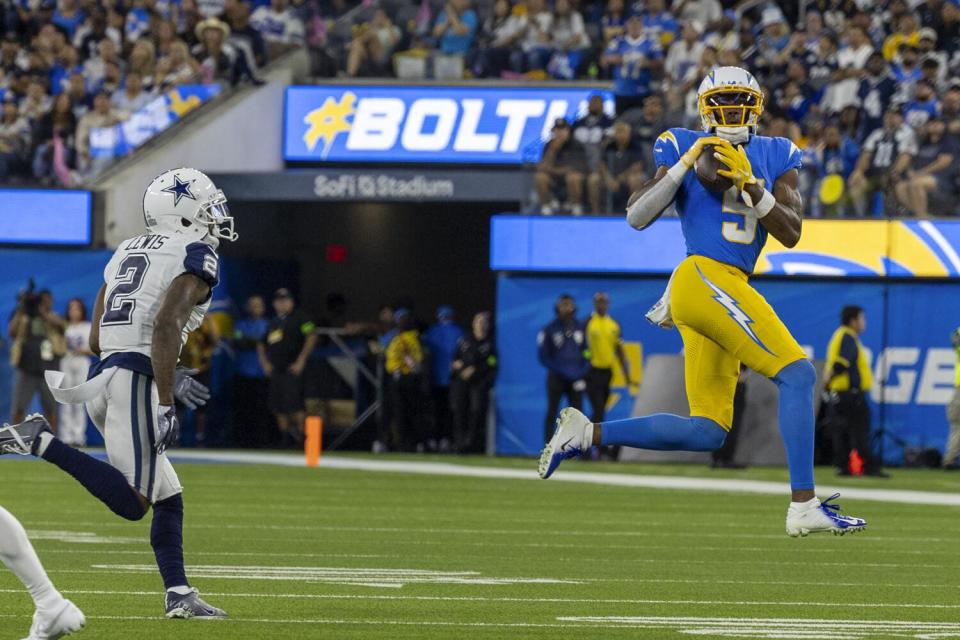 Chargers wide receiver Joshua Palmer (5) catches a pass against the Dallas Cowboys last season.