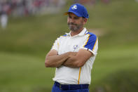 Team Europe's Sergio Garcia reacts after missing a putt on the 11th hole during a Ryder Cup singles match at the Whistling Straits Golf Course Sunday, Sept. 26, 2021, in Sheboygan, Wis. (AP Photo/Jeff Roberson)