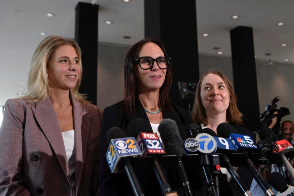 R. Kelly’s defense attorneys, Jennifer Bonjean, center, Ashley Cohen, left, and Diane O’Connell, speak at the Dirksen Federal Courthouse in Chicago after verdicts were reached in R. Kelly’s trial, Wednesday, Sept. 14, 2022, in Chicago. (AP Photo/Matt Marton)