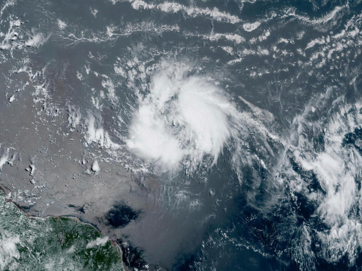 This satellite image taken on Tuesday, June 20, 2023 and provided by NOAA, shows Tropical Storm Bret as it chugged toward the eastern Caribbean (NOAA via AP)