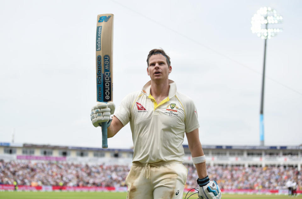 Steven Smith salutes the crowd as he leaves the field after a century at during day four of the 1st Ashes Test in Birmingham, England. (Photo by Gareth Copley/Getty Images)