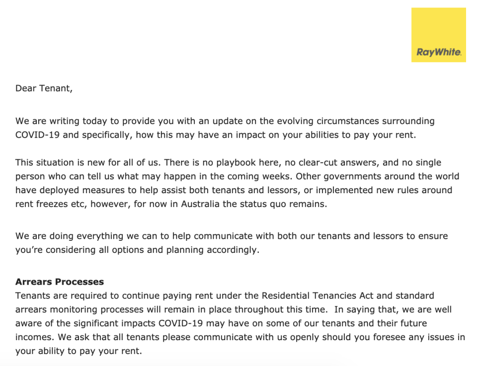 Some Ray White tenants were sent emails that stated the eviction procedure would follow if rent was not paid. (Source: Supplied)