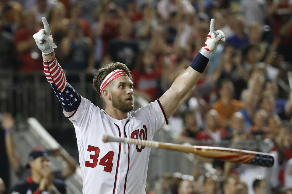 Washington Nationals Bryce Harper (34) reacts to his winning hit during the Major League Baseball Home Run Derby, Monday, July 16, 2018 in Washington. (AP)