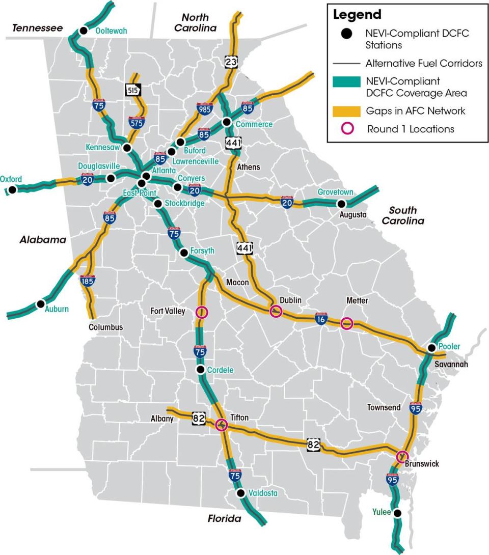 The NEVI map showing where DCFC charging stations currently exist (in black on green routes) and where round one chargers will go in the red circles and yellow areas. 35 more chargers will be added over the next year.