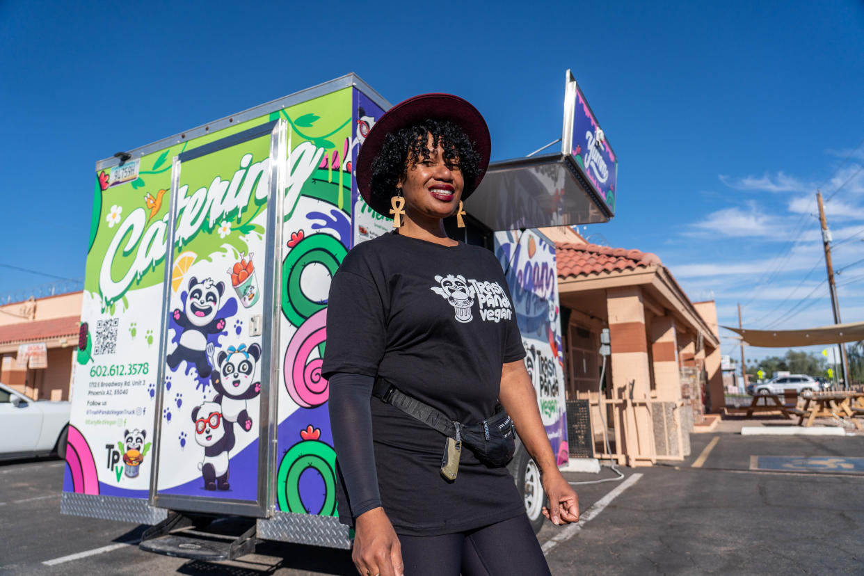 Krystal Harris, a vegan chef and owner of Trash Panda Vegan food truck and Early Bird Vegan, poses for a portrait outside her location in south Phoenix on October 14, 2022.