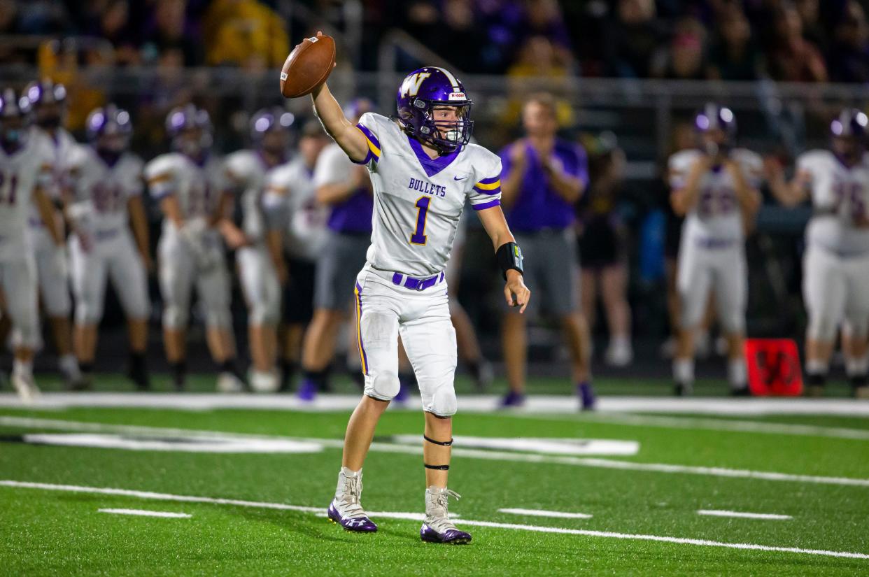 Williamsville's Nolan Bates (1) celebrates recovering a fumble against North Mac in the second half at North Mac High School in Virden, Ill., Friday, October 1, 2021. [Justin L. Fowler/The State Journal-Register] 