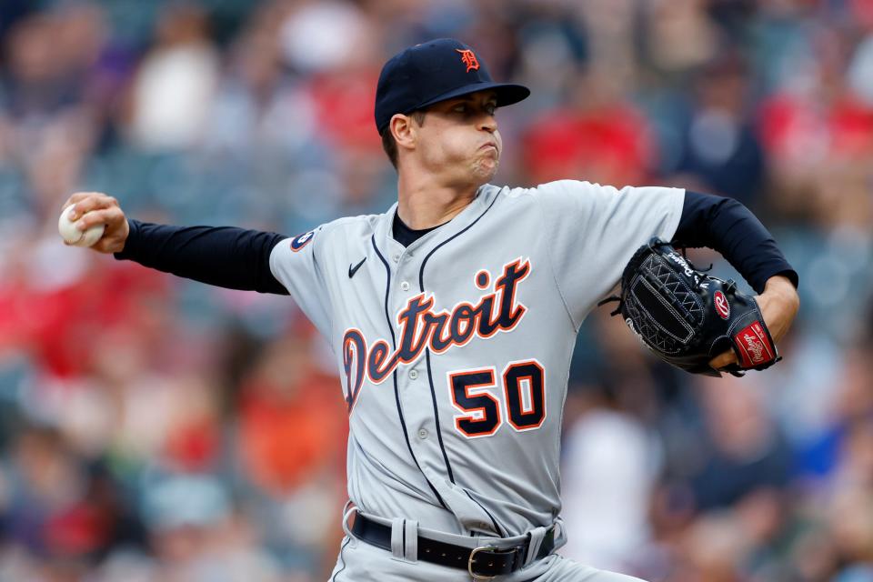 Tigers pitcher Garrett Hill delivers against the Guardians during the first inning on Tuesday, Aug. 16, 2022, in Cleveland.