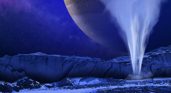 An artist's conception of a plume on Europa: water vapor ejected off or through the frigid, icy surface