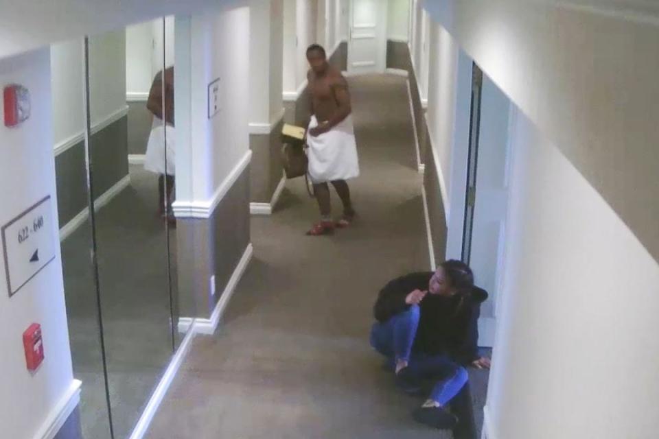 Screenshot from Combs’ attack on Ventura captured in hotel surveillance footage in 2016