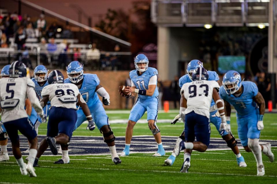 Old Dominion quarterback Hayden Wolff (11) looks to pass against Georgia Southern during a game in Norfolk, Va., Saturday, Oct. 22, 2022.