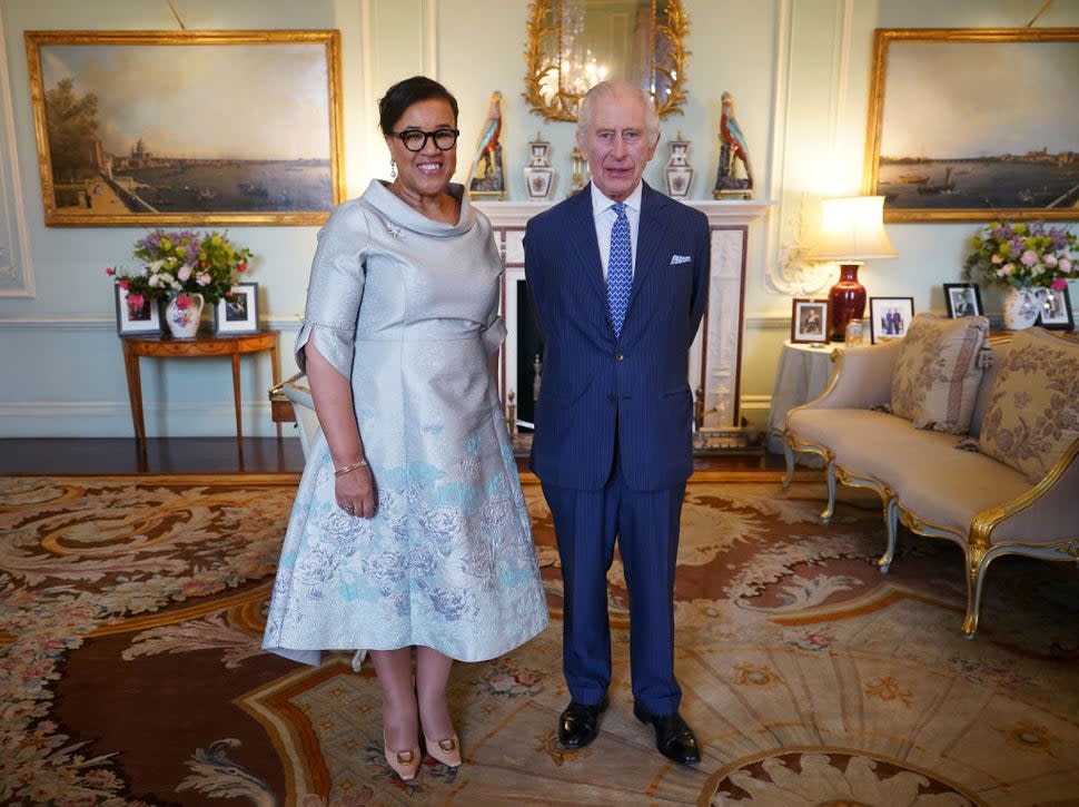  King Charles III during an audience with Commonwealth Secretary General, Baroness Scotland of Asthal, at Buckingham Palace on March 13, 2024 in London, England.
