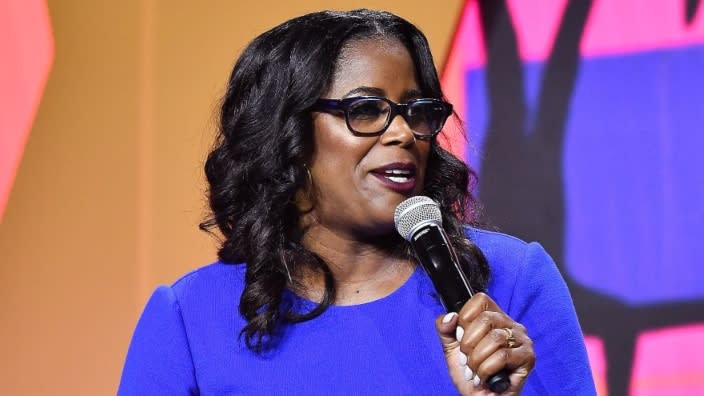 In this photo from the 2018 Essence Festival in New Orleans, at which she was featured, Thasunda Brown Duckett speaks onstage to an attentive audience. (Photo: Paras Griffin/Getty Images for Essence)