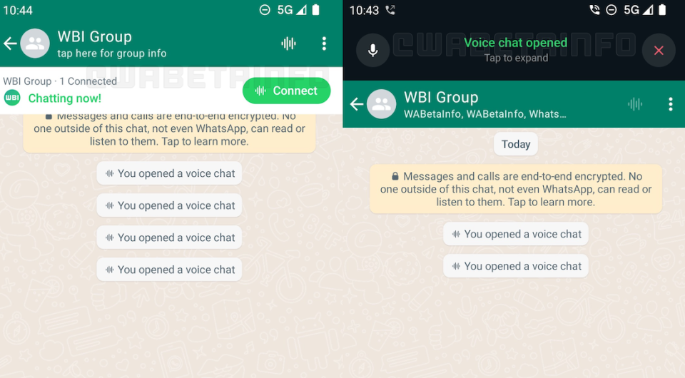 Two WhatsApp chats show how to open a voice chat. 