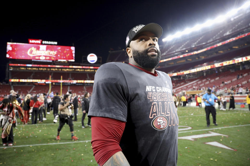 San Francisco 49ers offensive tackle Trent Williams (71) walks on the field after the NFC Championship NFL football game against the Detroit Lions in Santa Clara, Calif., Sunday, Jan. 28, 2024. (AP Photo/Scot Tucker)