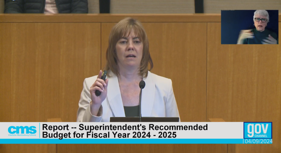 Charlotte-Mecklenburg Schools Chief Financial Officer Kelly Kluttz answers questions from school board members Tuesday after presenting Superintendent Crystal Hill’s proposed budget. Screenshot from Charlotte-Mecklenburg Schools livestream