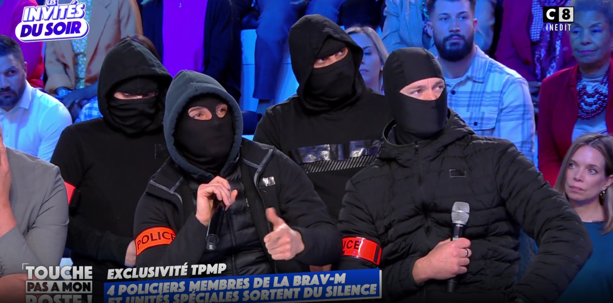 Dans « TPMP » sur C8, quatre personnes, le visage encagoulé, se sont présentées comme des membres de la BRAV-M, ce dont doute la préfecture de police de Paris.
