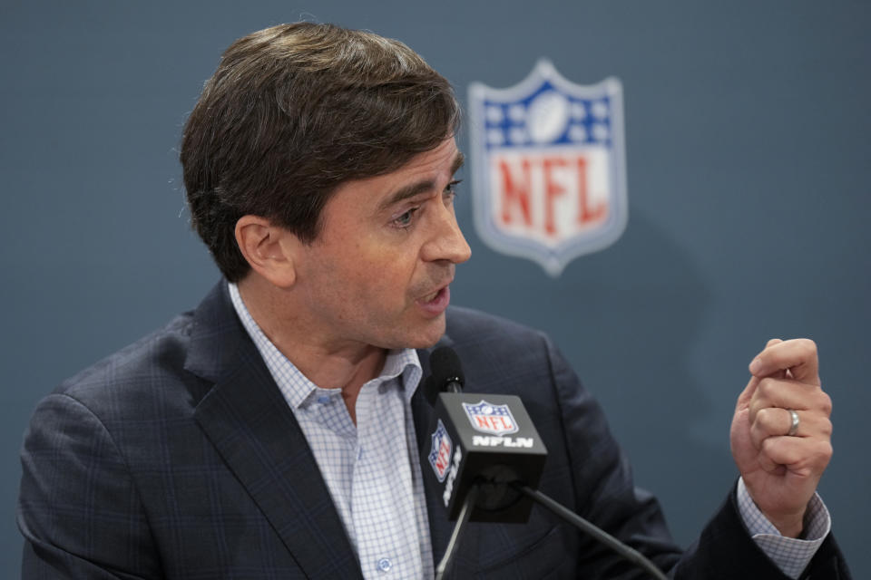The NFL's head of international affairs Peter O'Reilly speaks during a news conference at the football league's owners spring meetings Tuesday, May 21, 2024, in Nashville, Tenn. (AP Photo/George Walker IV)