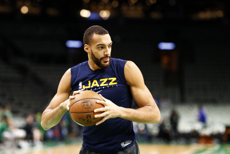 BOSTON, MASSACHUSETTS - MARCH 06: Rudy Gobert #27 of the Utah Jazz warms up before the game against the Boston Celtics at TD Garden on March 06, 2020 in Boston, Massachusetts. NOTE TO USER: User expressly acknowledges and agrees that, by downloading and or using this photograph, User is consenting to the terms and conditions of the Getty Images License Agreement. (Photo by Omar Rawlings/Getty Images)