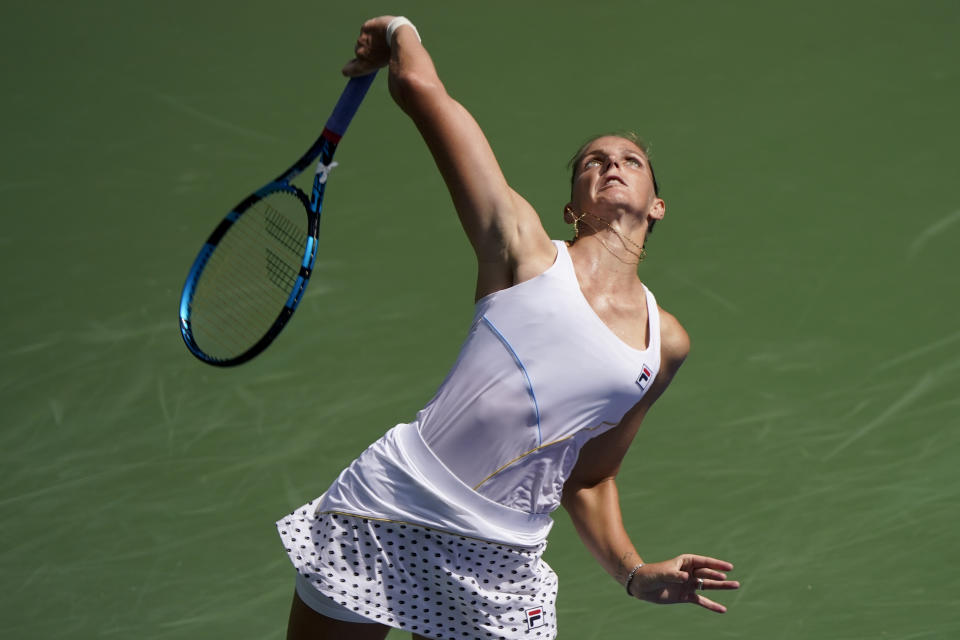 Karolina Pliskova, of the Czech Republic, serves to Catherine McNally, of the United States, during the first round of the US Open tennis championships, Tuesday, Aug. 31, 2021, in New York. (AP Photo/John Minchillo)