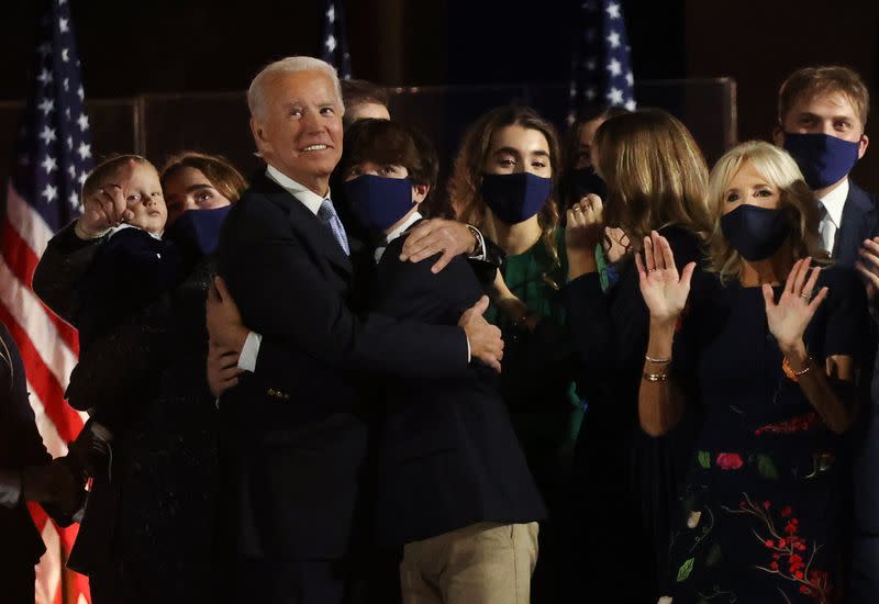 Democratic 2020 U.S. presidential nominee Joe Biden celebrates onstage at his election rally in Wilmington