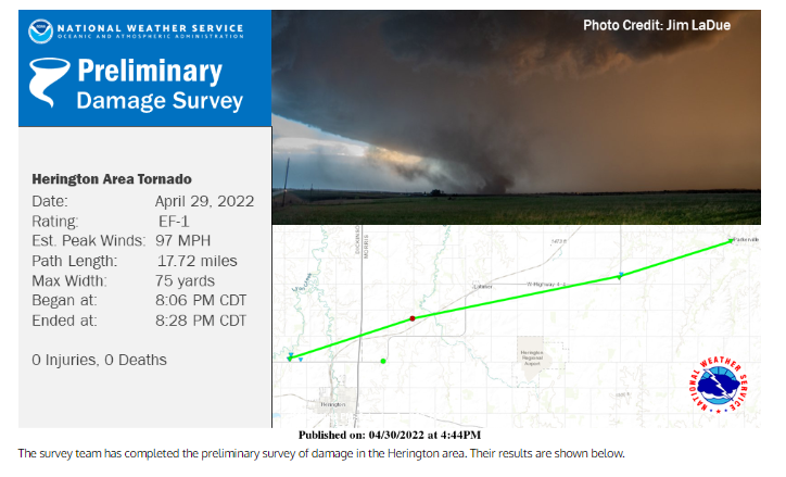 This graphic posted by the National Weather Service's Topeka office shares information about a small tornado that struck late Friday in the Wamego area.