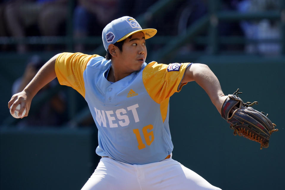 Honolulu's Cohen Sakamoto delivers in the first inning of the United States Championship baseball game against Nolensville, Tenn.. at the Little League World Series tournament in South Williamsport, Pa., Saturday, Aug. 27, 2022. (AP Photo/Gene J. Puskar)