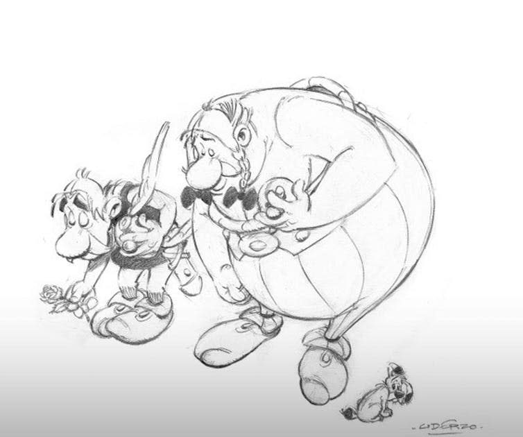 <span class="caption">Asterix, Obelix and Dogmatix pay tribute to the victims of the 2015 Charlie Hebdo attack.</span> <span class="attribution"><span class="source">Uderzo via Parc Asterix</span></span>