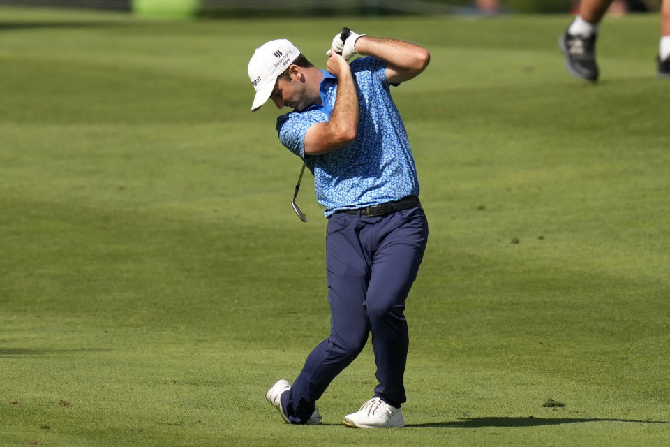 Denny McCarthy reacts after his shot to the 18th green during the third round of the John Deere Classic golf tournament, Saturday, July 8, 2023, at TPC Deere Run in Silvis, Ill. (AP Photo/Charlie Neibergall)