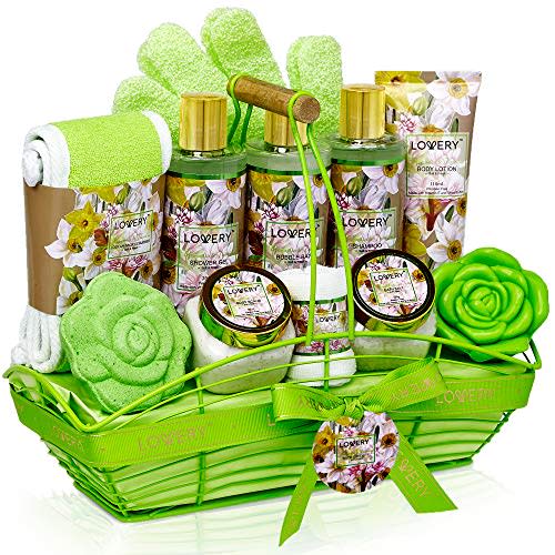 Home Spa Gift Baskets For Women - Bath and Body Gift Basket – Magnolia and Jasmine Home Spa Set, Includes Fragrant Lotions, Bath Bomb, Towel, Shower Gloves, Green Wired Bread Basket & More - 13 Pc Set