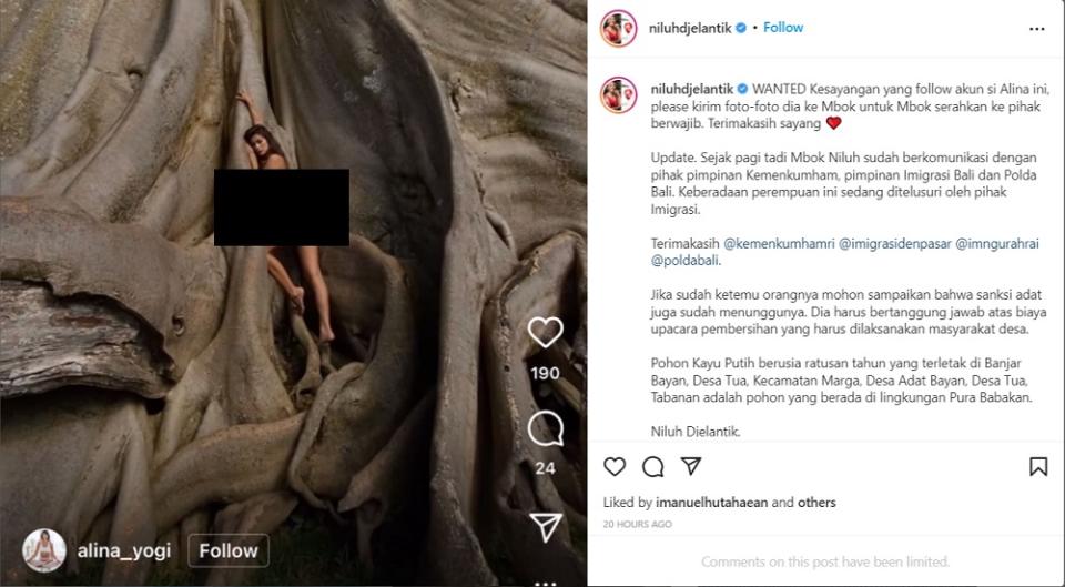 Screenshots of the now-deleted are still circulating on social media. ― Picture via Instagram/ Niluh Djelantik