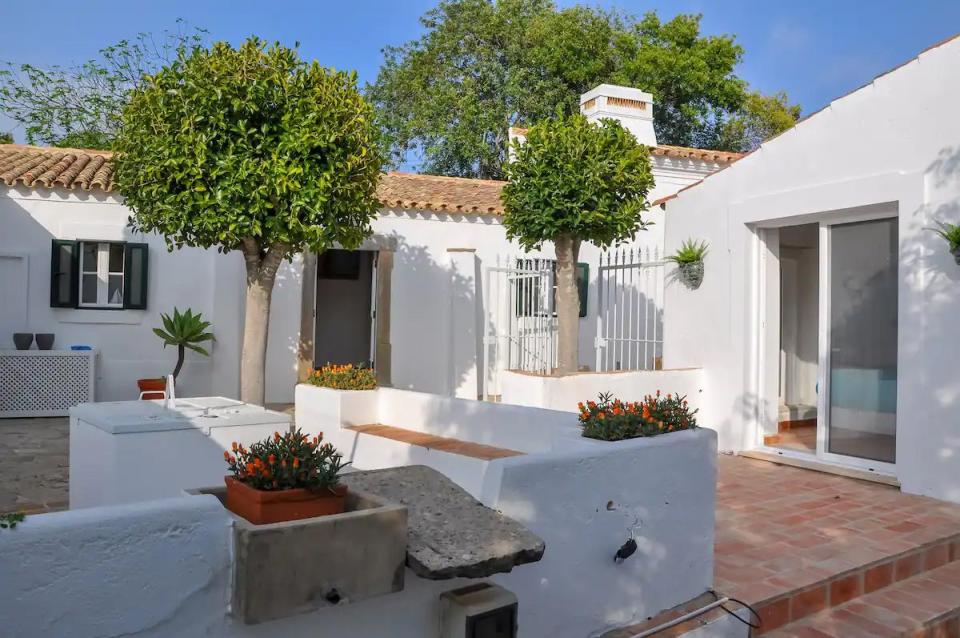 a house with a stone patio