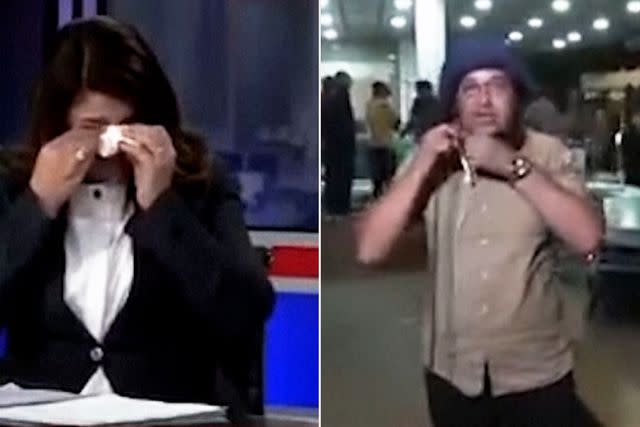 <p>Palestine TV</p> Gaza Journalist Tears Off Protective Gear After Learning of Colleague's Death Live On-Air