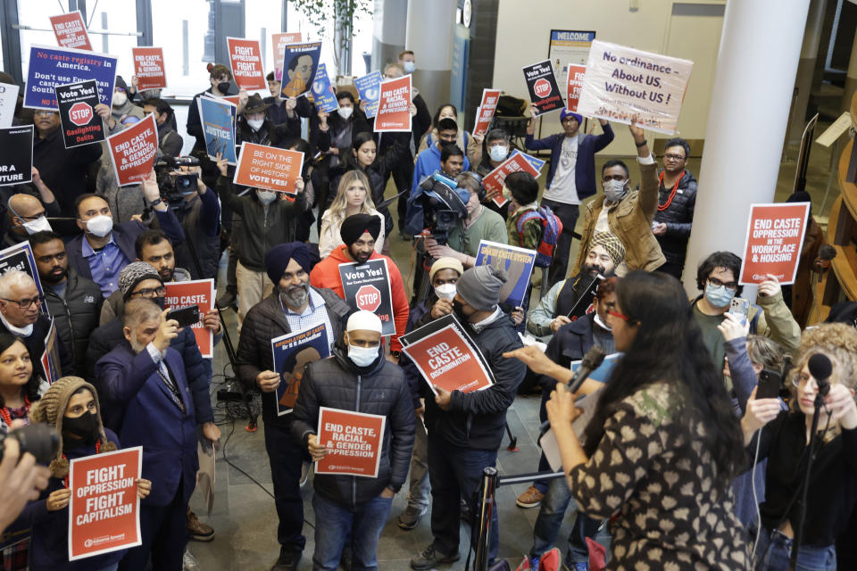 Seattle Councilmember Kshama Sawant speaks to supporters and opponents a of a proposed ordinance to add caste to Seattle's anti-discrimination laws rally at Seattle City Hall, Tuesday, Feb. 21, 2023, in Seattle. Sawant proposed the ordinance. (AP Photo/John Froschauer)