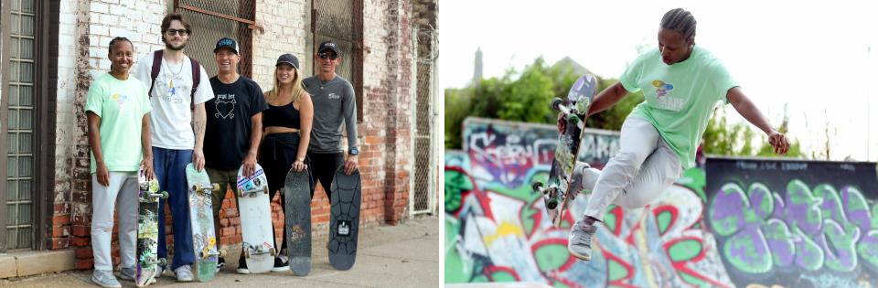 LEFT: Modern Skate and Surf's Extreme Team members Christiana Smith, 26, Ben Persinger, 23, Mike Mozola, 47, Rachel Anderson, 30 and Garold Vallie, 50, pose for a photo on Wednesday, July 19, 2023. RIGHT: Modern Skate and Surf's Extreme Team member Christiana Smith 26, from Oak Park skates at Monument Park near the Davidson  Freeway.