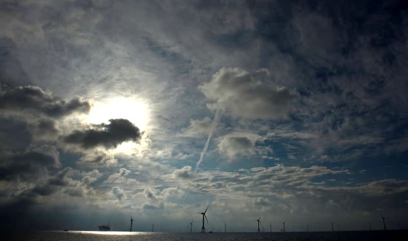 FILE PHOTO: A view shows windmills of several wind farms at the so-called "HelWin-Cluster\