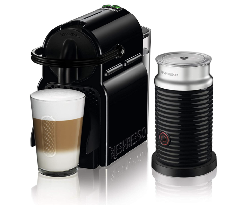 black Nespresso Inissia Coffee Machine by DeLonghi with Aeroccino Milk Frother and cappucino