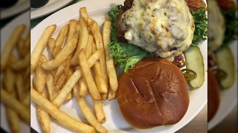 Hoss's Steak & Sea House burger open on plate
