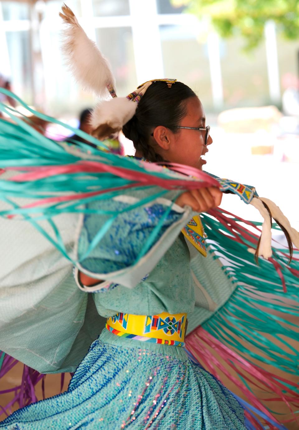 Jaylee Mule, Kiowa/Choctaw, dances during a dance showcase by the Central Plains Dance Troupe at the Red Earth Festival at the National Cowboy and Western Heritage Museum Saturday, June 2 2023.