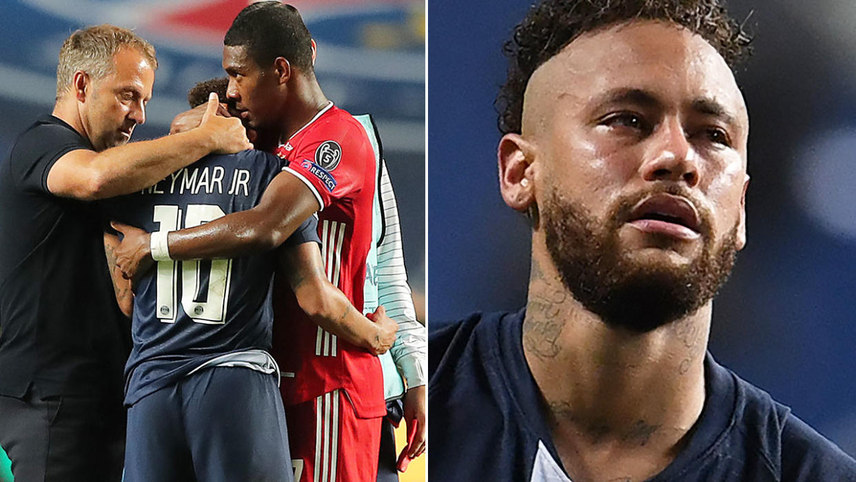 A distraught Neymar is seen being consoled after PSG's Champions League final defeat.