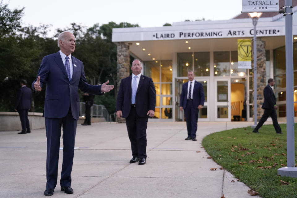 President Joe Biden speaks to reporters after voting in the Delaware primary election at Tatnall School in Wilmington, Del., Tuesday, Sept. 13, 2022. (AP Photo/Andrew Harnik)