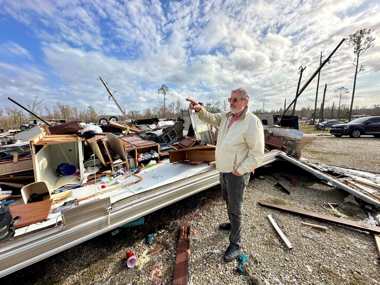 Erwin Jackson, owner of Florida Caverns RV Resort at Merritt's Mill Pond in Marianna, surveys damage at the campground from a likely tornado on Jan. 9, 2024.