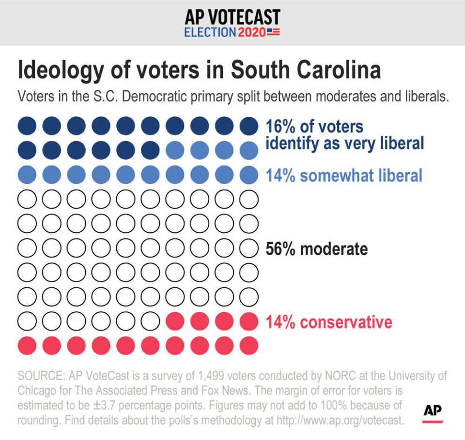 Voters in the S.C. Democratic primary split between moderates and liberals.;