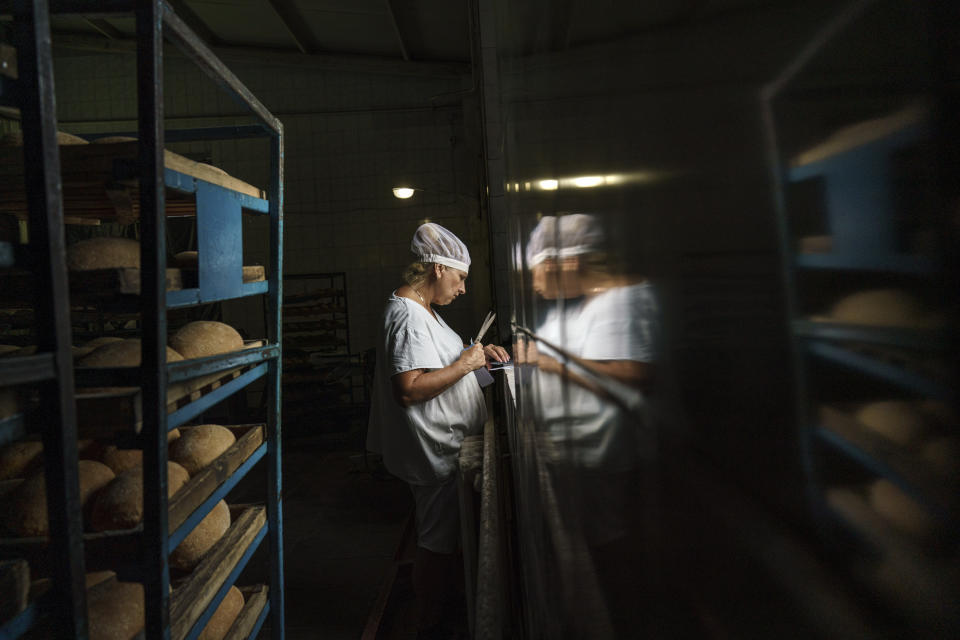 Svitlana Labutcheva, cuts labels by hand for packaging loaves of bread at a bakery in Kostiantynivka, Donetsk region, eastern Ukraine, Saturday, Aug. 20, 2022. Seemingly abandoned during the day, the damaged factory building in eastern Ukraine comes to life at night, when the smell of fresh bread emanates from its broken windows. (AP Photo/David Goldman)