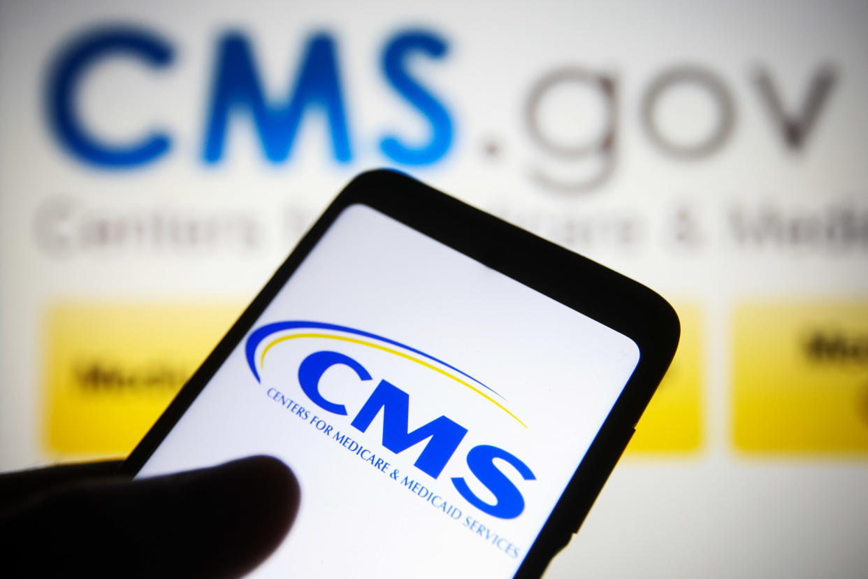 UKRAINE - 2021/11/05: In this photo illustration, Centers for Medicare & Medicaid Services (CMS) logo is seen displayed on a smartphone and on the background of its website. (Photo Illustration by Pavlo Gonchar/SOPA Images/LightRocket via Getty Images)