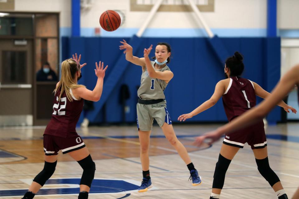 Port Chester's Kayleigh Heckel (1) in action against Ossining during girls basketball action at Port Chester High School Jan. 13, 2022.