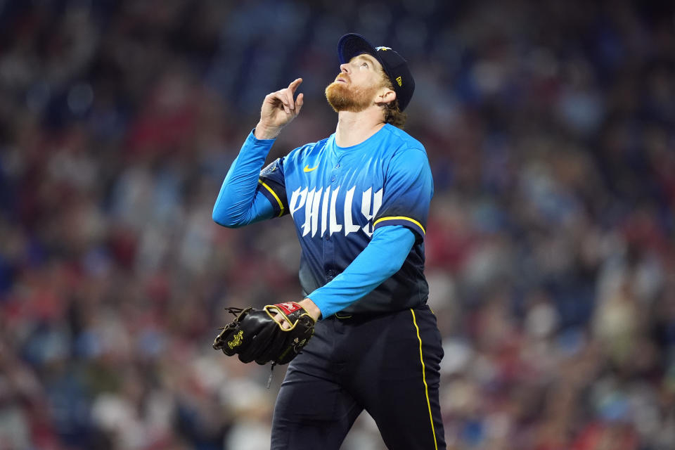 Philadelphia Phillies' Spencer Turnbull reacts after pitching the seventh inning of a baseball game against the Chicago White Sox, Friday, April 19, 2024, in Philadelphia. (AP Photo/Matt Slocum)